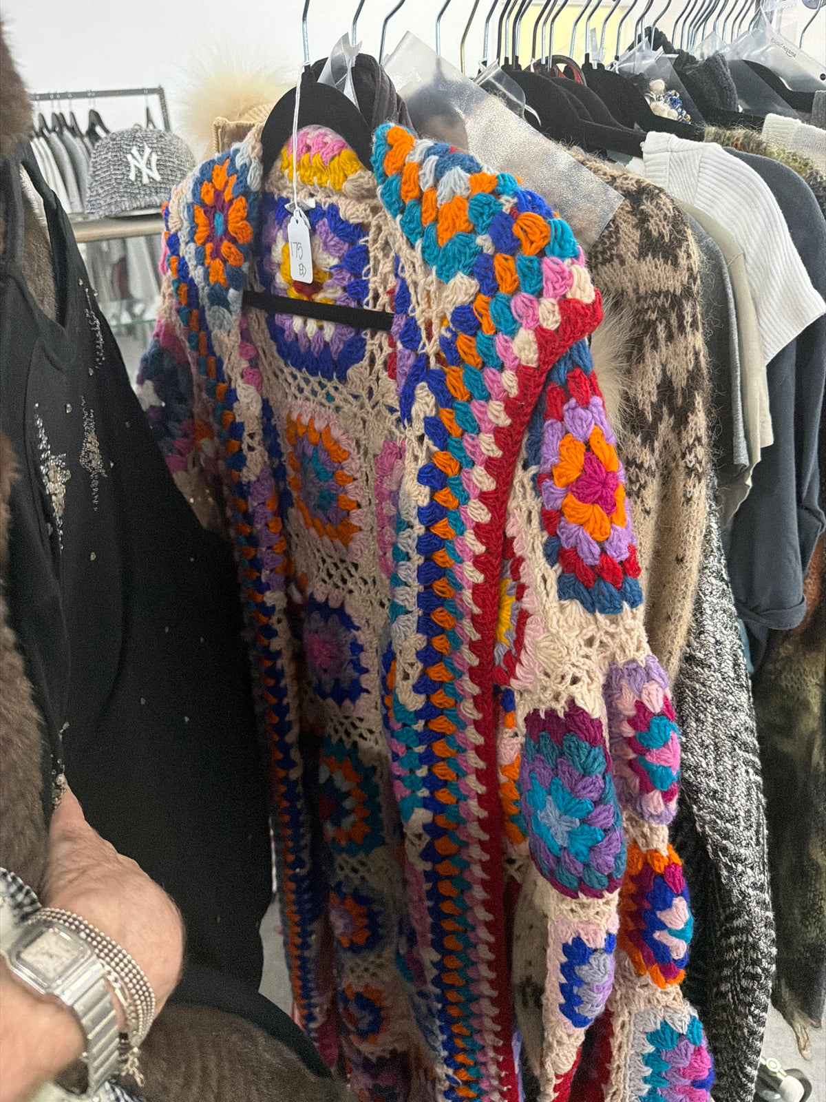 Unknown Multi Color Crochet Granny Square Long Cardigan